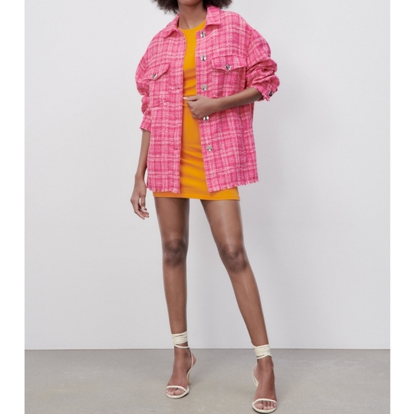 NWT Zara * Textured Plaid Overshirt Shacket Shirt Jacket Pink Tweed - Picture 3 of 7